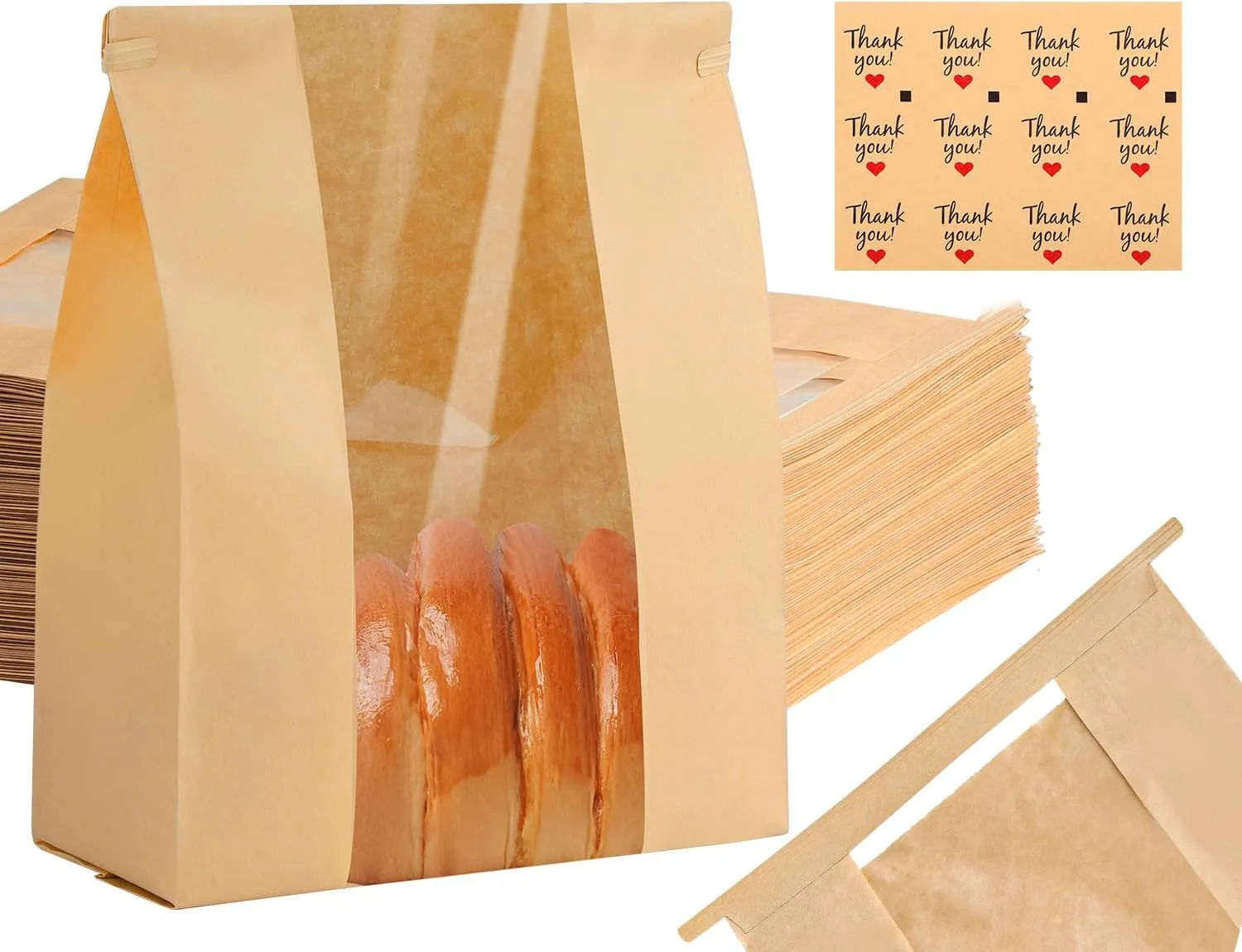 60 Pack Brown Paper Bread Bags, 14" x 8.3" x 3.5", Disposable, Tin Strap Buckle Lock, Clear Front Window, Label Seal Stickers, Suitable for Bread, Cookies, Treats