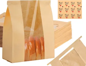 60 Pack Brown Paper Bread Bags, 14" x 8.3" x 3.5", Disposable, Tin Strap Buckle Lock, Clear Front Window, Label Seal Stickers, Suitable for Bread, Cookies, Treats