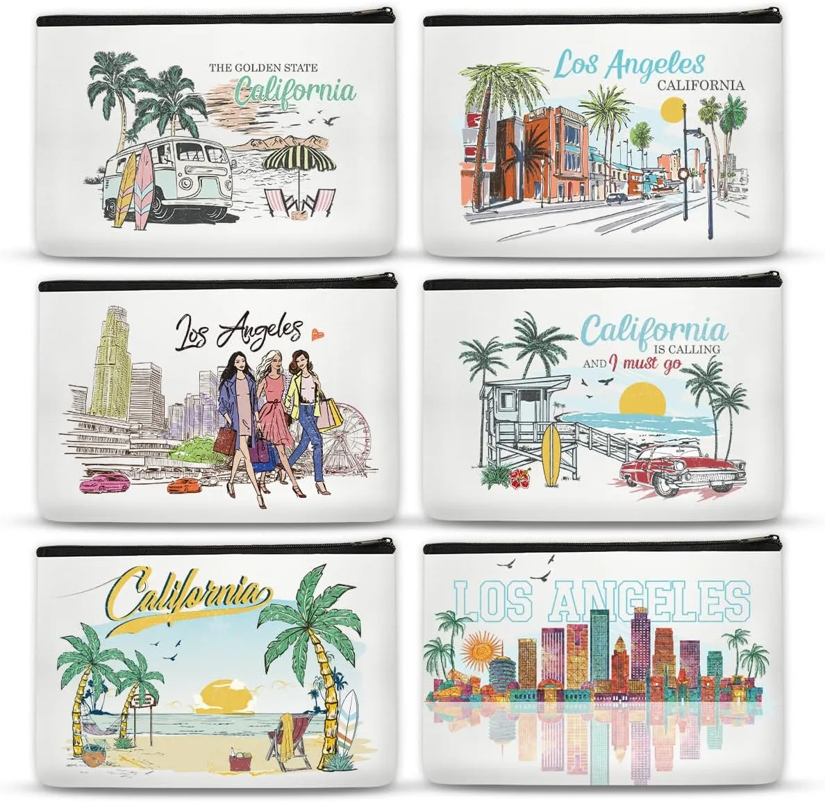 6Pcs California Makeup Bag Gifts for Women California Themed Souvenirs, Travel Vacation Gift Cosmetic Zipper Bag for Her Teacher Mom Sister Friends