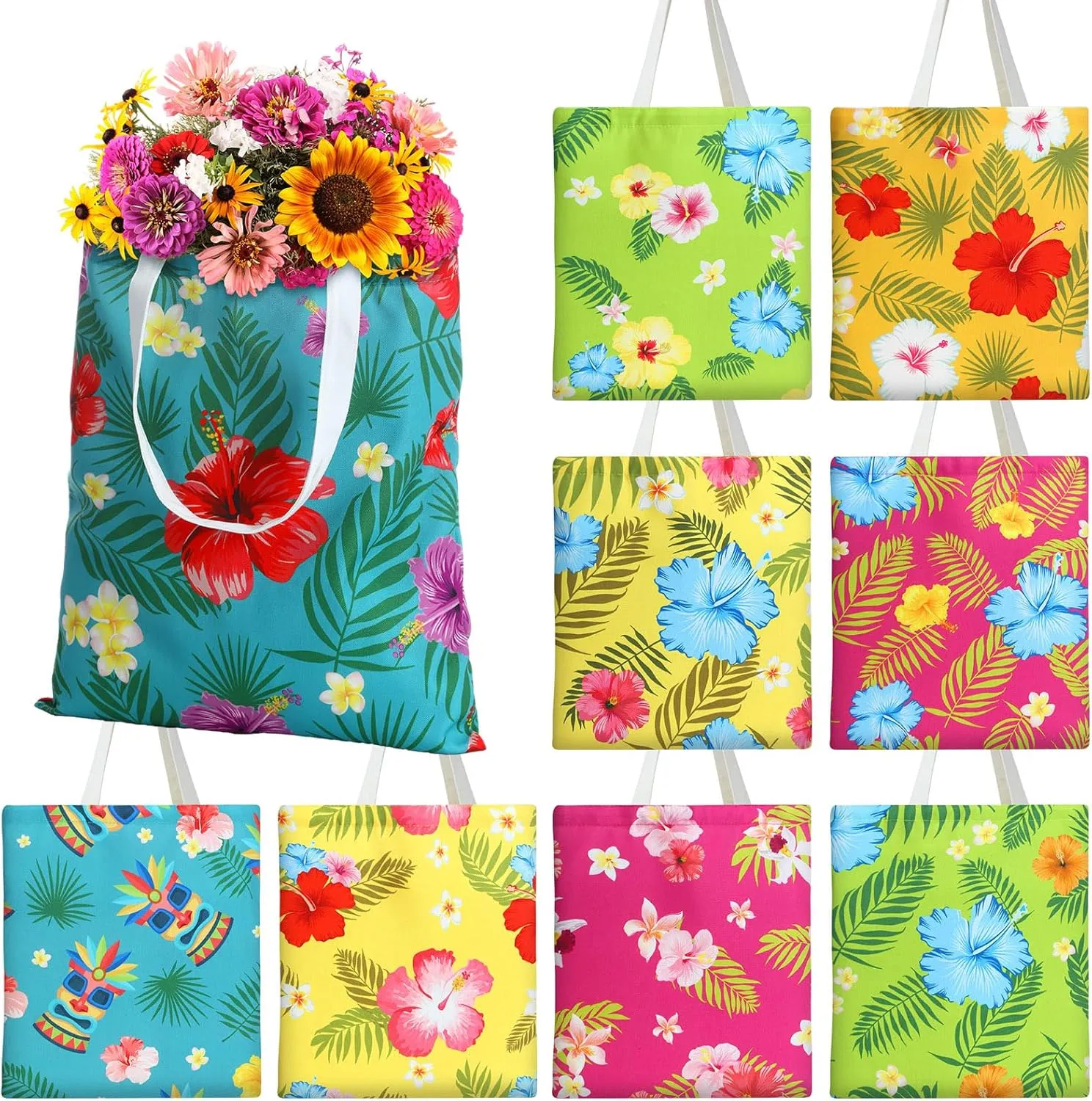9 Pcs Hawaii Canvas Tote Bag Summer Beach Tote Bag Large Capacity Foldable Reusable Trip Home Shopping Handbag for Grocery, Shopping, Beach & Daily Use, 15.7" x 15"