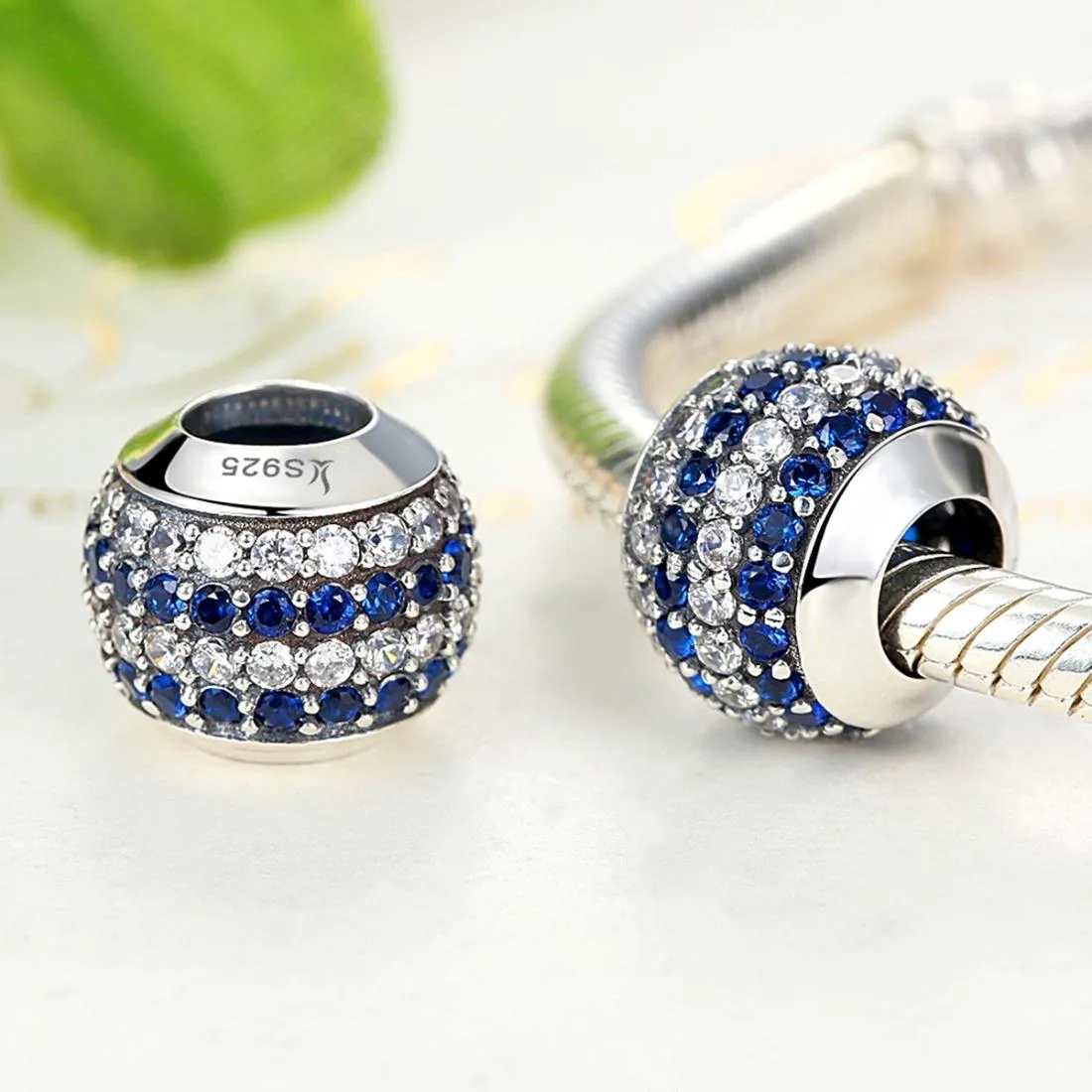 925 Sterling Silver Blue Diamond Beaded Bracelet & Necklace Set