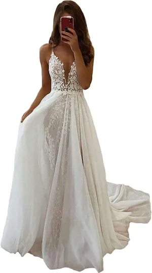 A Line Boho Wedding Dresses for Bride 2024 Spaghetti Straps Lace Chiffon Bridal Gowns for Women