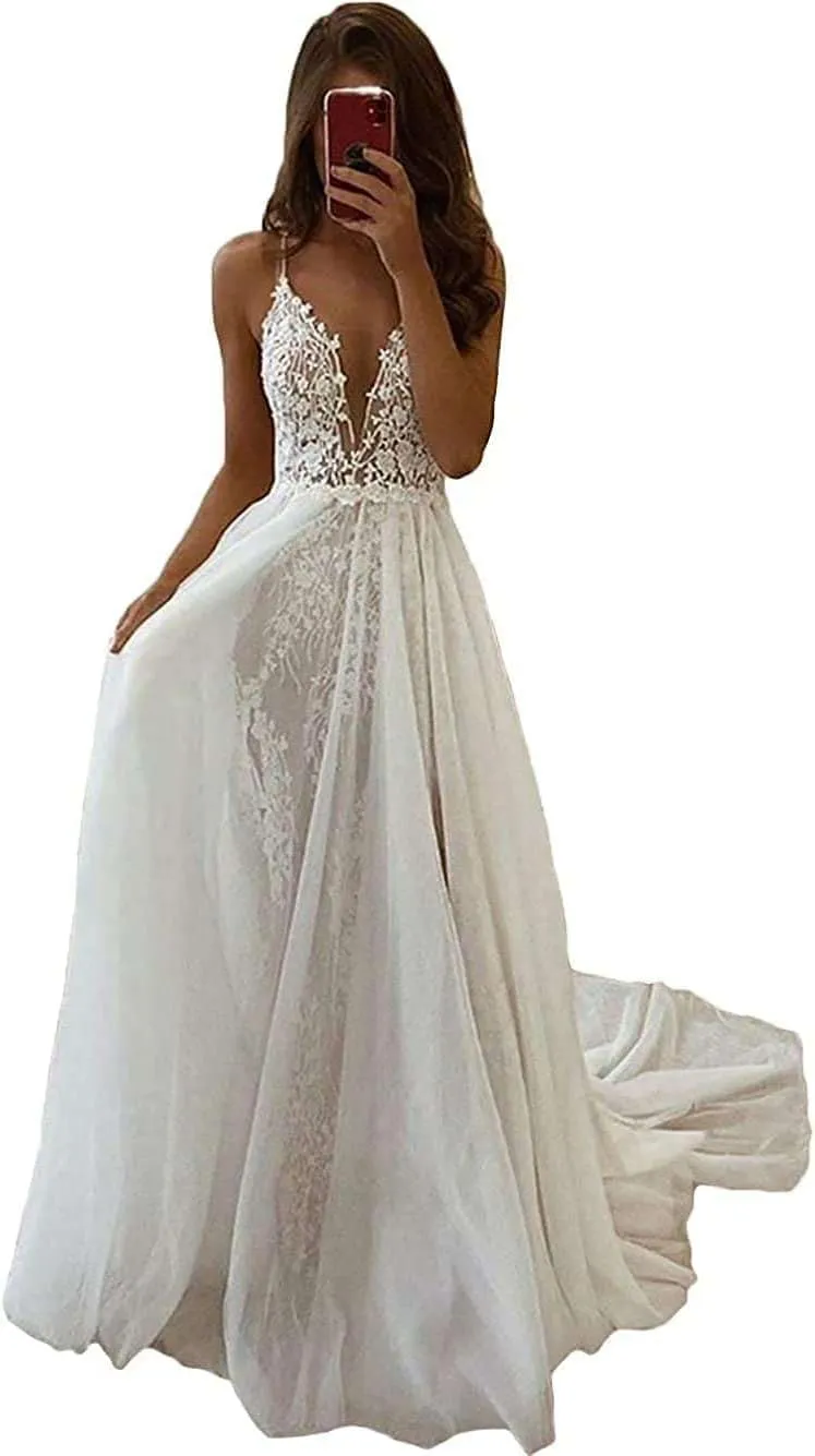 A Line Boho Wedding Dresses for Bride 2024 Spaghetti Straps Lace Chiffon Bridal Gowns for Women