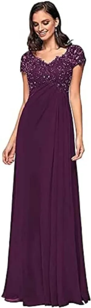 A Line Mother of The Bride Dresses V Neck Short Sleeves Chiffon Formal Evening Gowns Lace