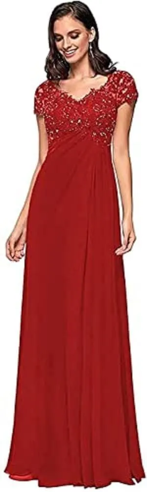 A Line Mother of The Bride Dresses V Neck Short Sleeves Chiffon Formal Evening Gowns Lace