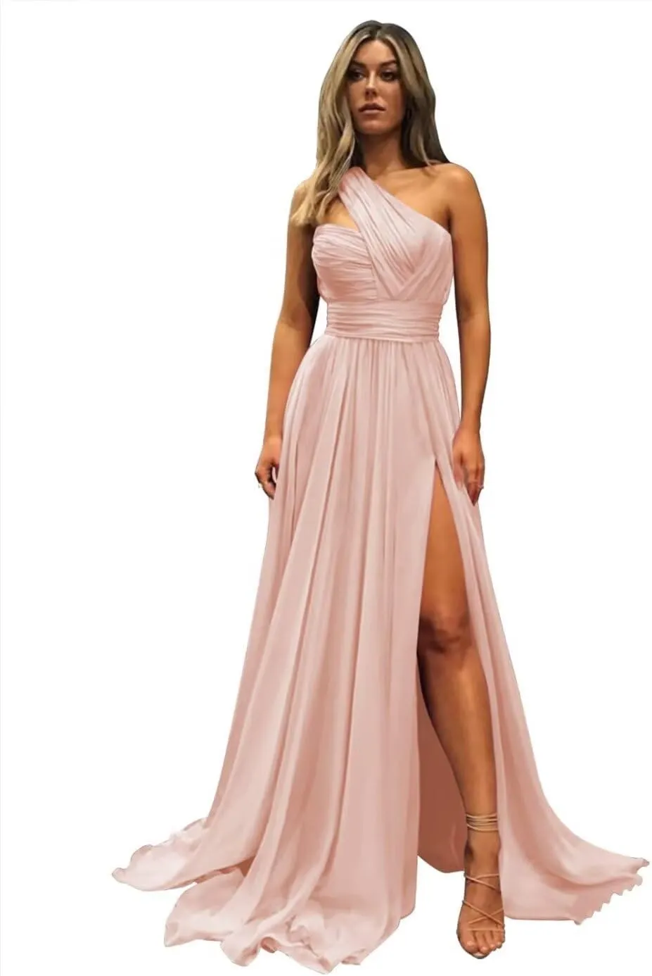 A-line Pleated Chiffon Bridesmaid Dress for Women, One Shoulder Neck Formal Evening Dress High Slit Prom Dresses