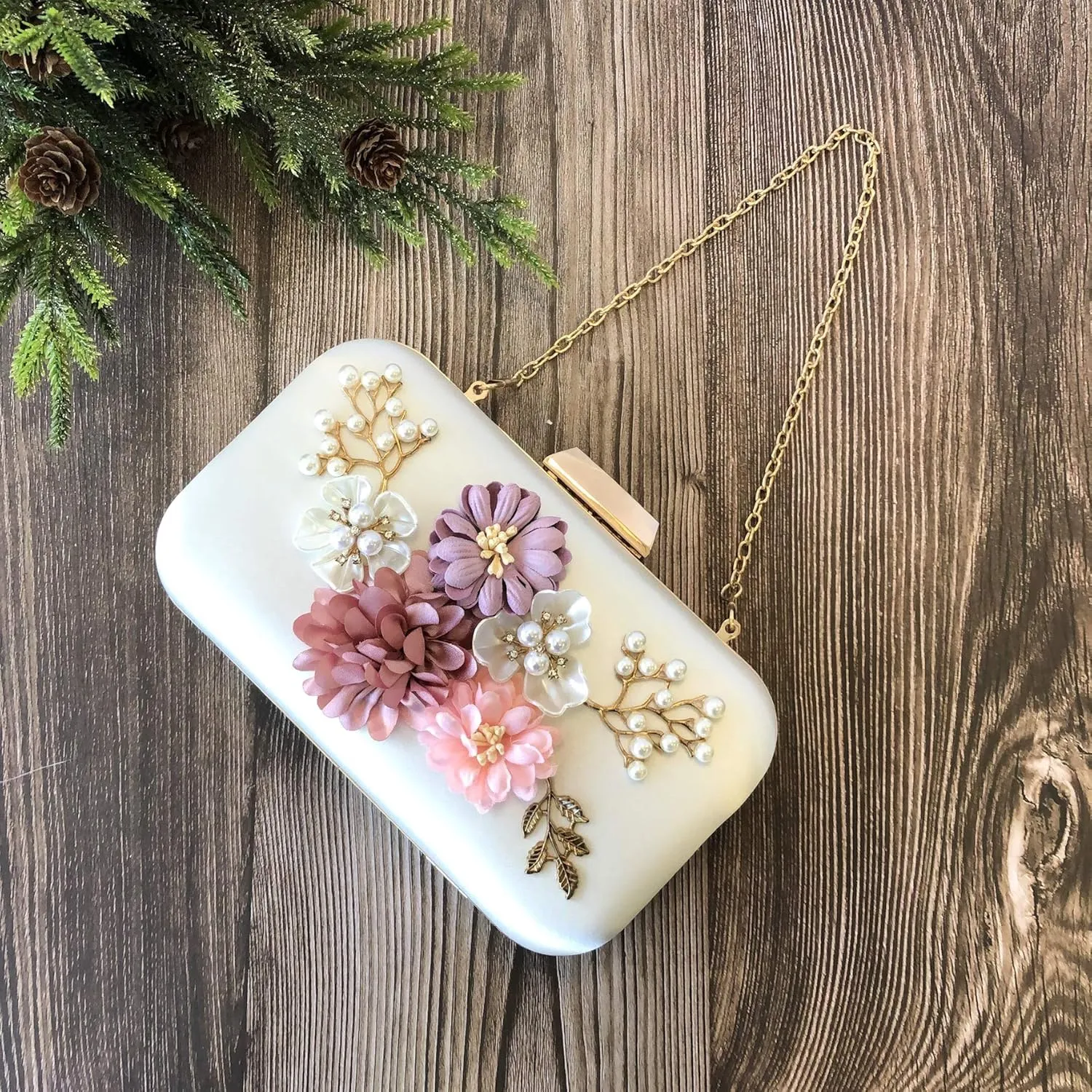 Abbie Home Hard Case Evening Clutch for Women Pearl Jewelry Exquisite Flower Dcor Hand Bag