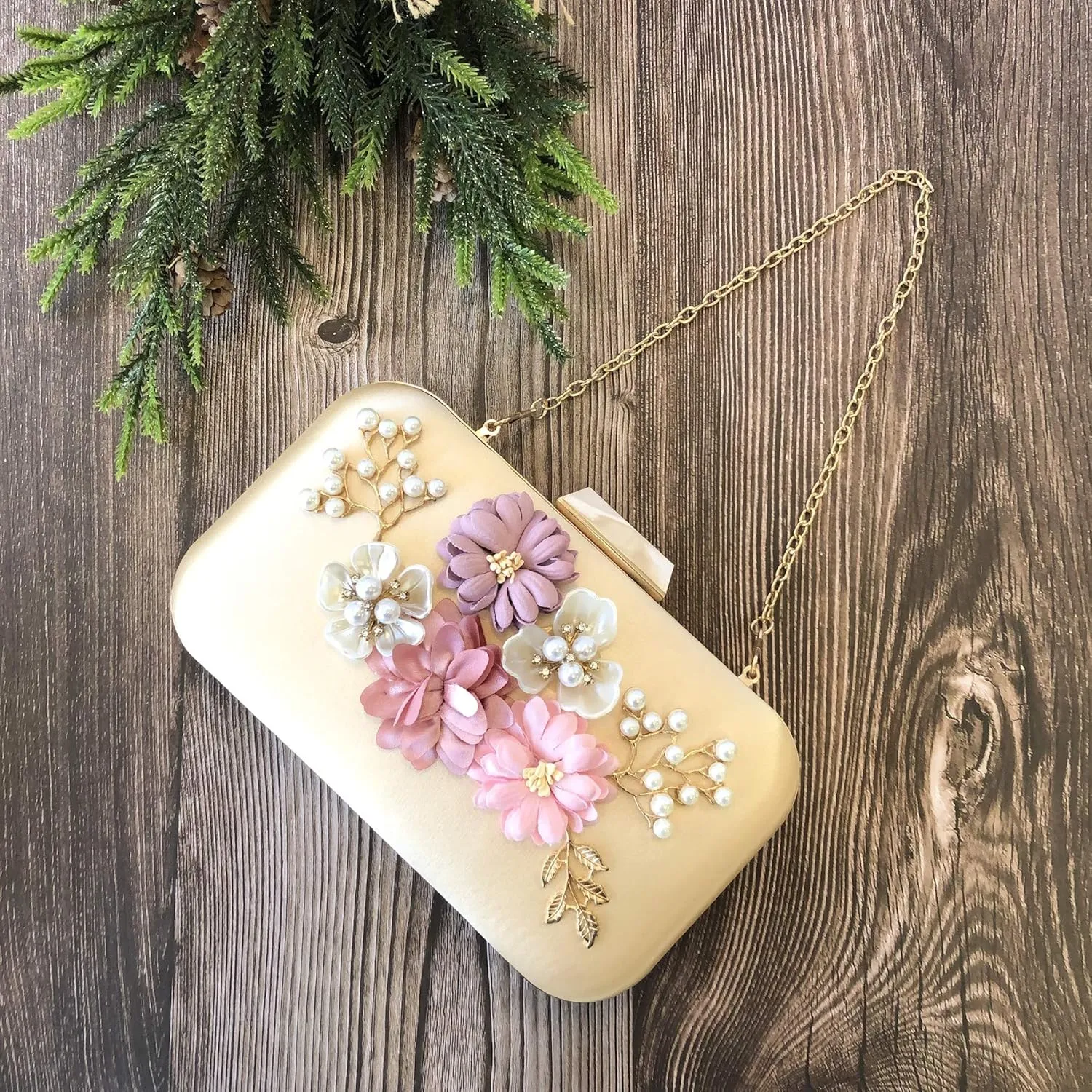 Abbie Home Hard Case Evening Clutch for Women Pearl Jewelry Exquisite Flower Dcor Hand Bag