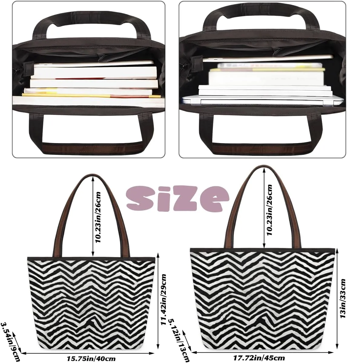 Abstract Geometric Stripe Tote Bag with Zipper 15 Inch Canvas Tote Bag for Women Shoulder Handbag