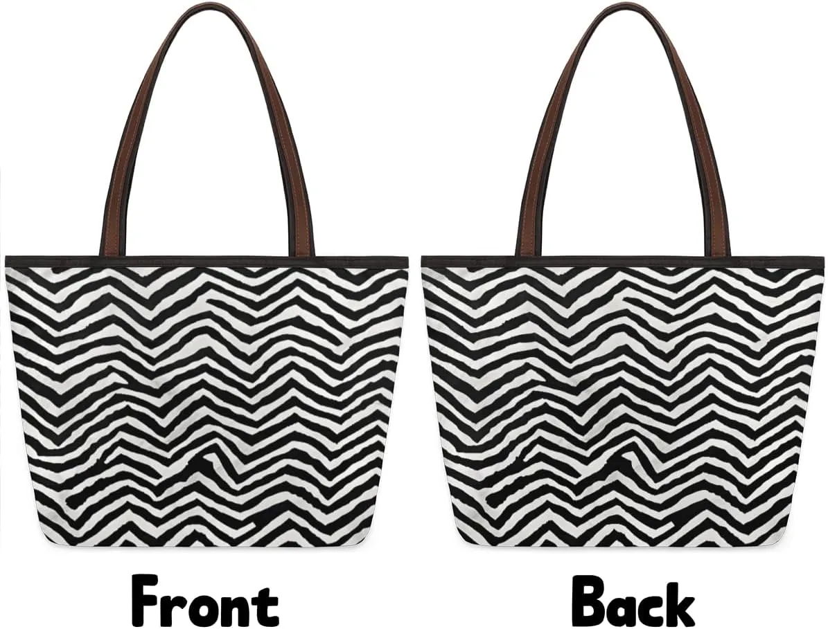 Abstract Geometric Stripe Tote Bag with Zipper 15 Inch Canvas Tote Bag for Women Shoulder Handbag