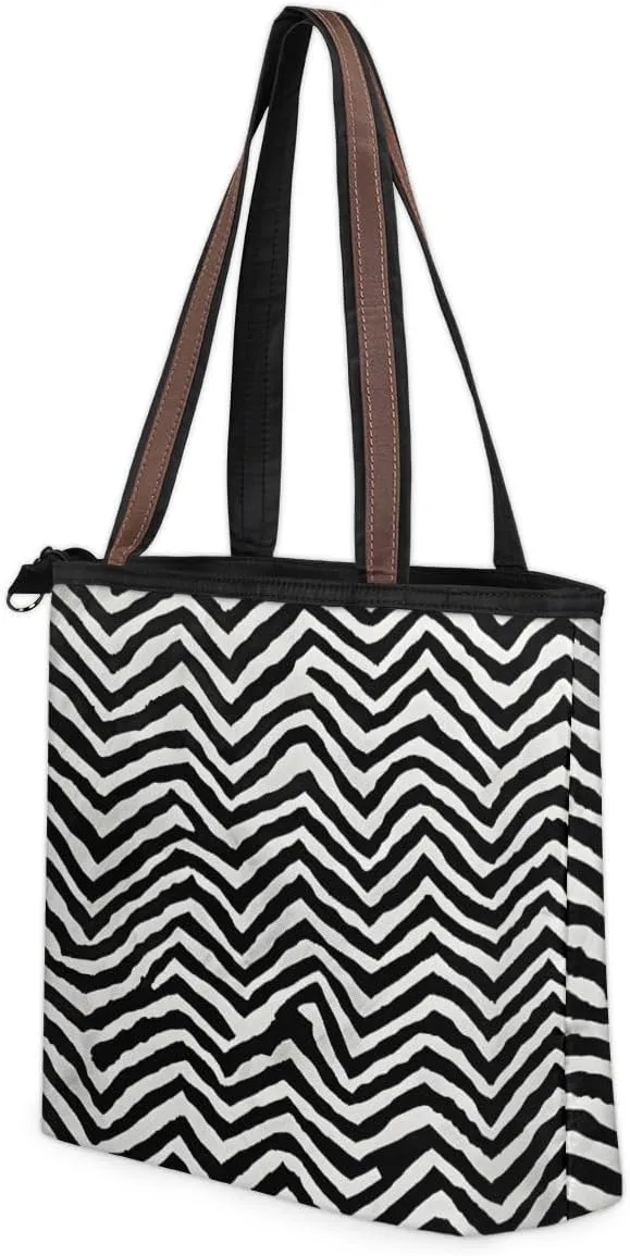 Abstract Geometric Stripe Tote Bag with Zipper 15 Inch Canvas Tote Bag for Women Shoulder Handbag