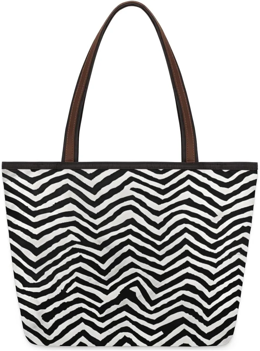 Abstract Geometric Stripe Tote Bag with Zipper 15 Inch Canvas Tote Bag for Women Shoulder Handbag