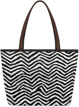 Abstract Geometric Stripe Tote Bag with Zipper 15 Inch Canvas Tote Bag for Women Shoulder Handbag