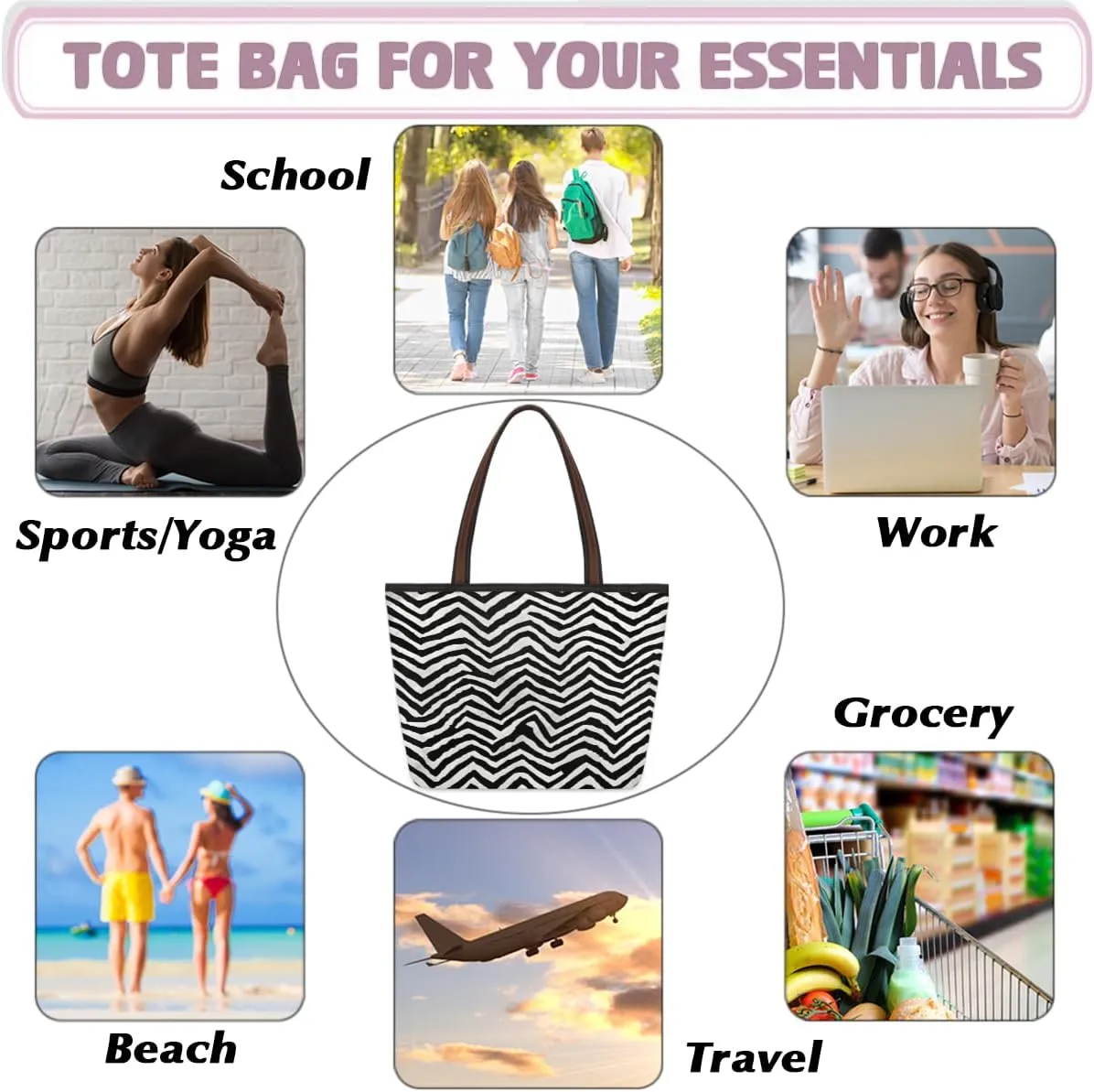 Abstract Geometric Stripe Tote Bag with Zipper 15 Inch Canvas Tote Bag for Women Shoulder Handbag