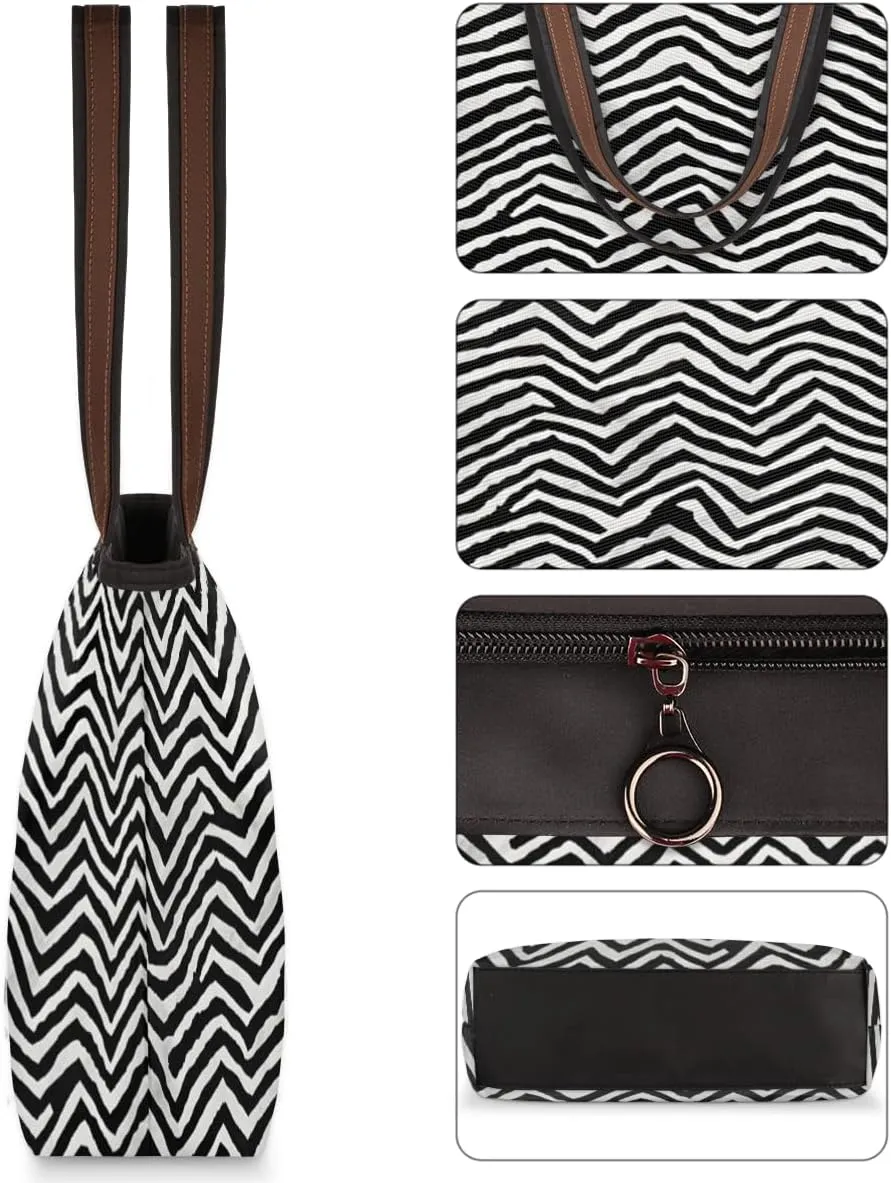 Abstract Geometric Stripe Tote Bag with Zipper 15 Inch Canvas Tote Bag for Women Shoulder Handbag