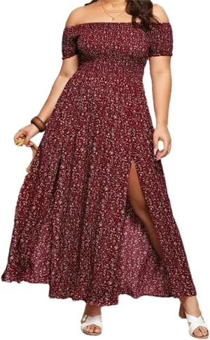 Adhdyuud Women Summer Boho Slash Neck Beach Floral Dress Casual Long Short Sleeves Mini Sundress Skirt