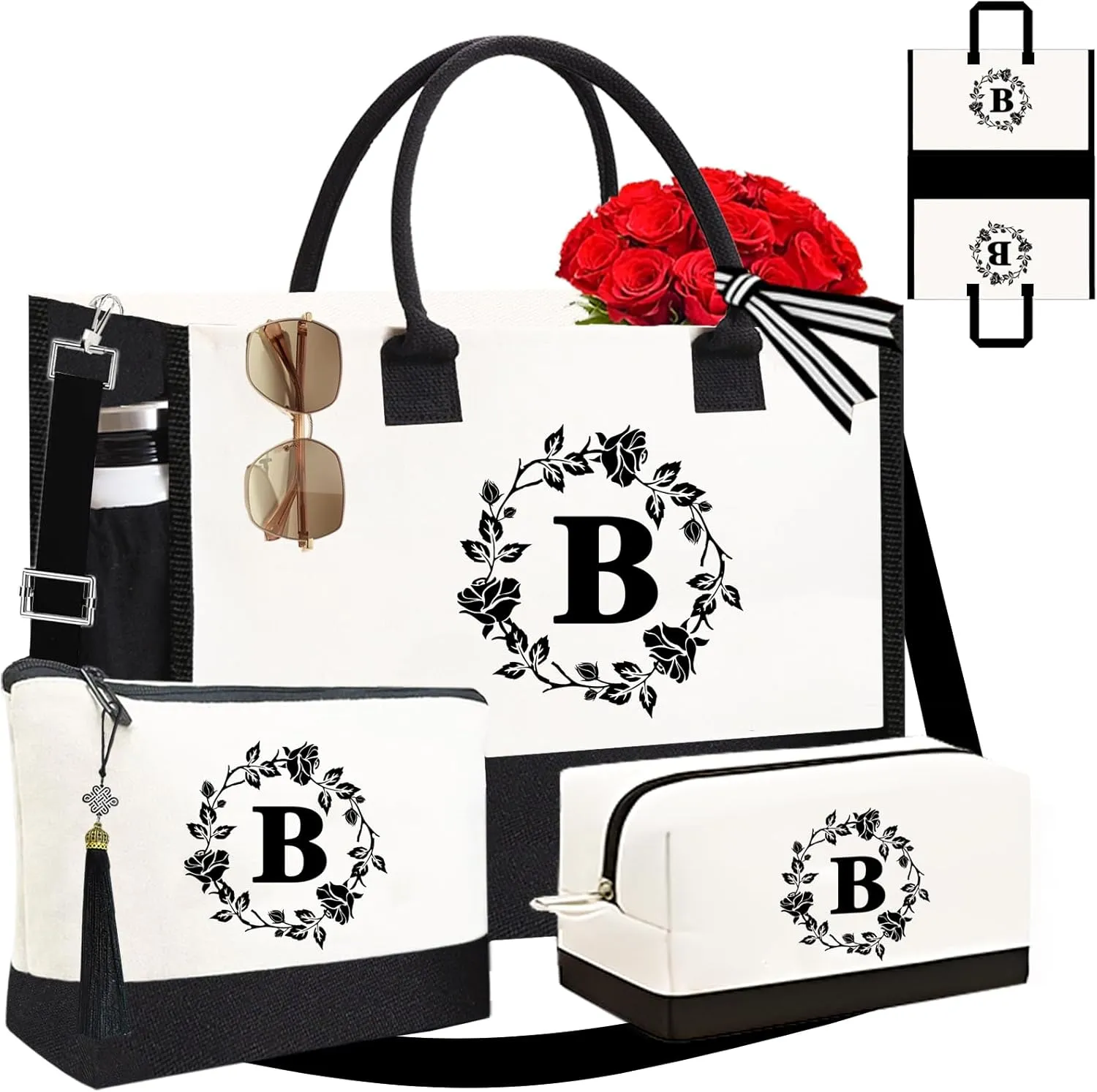 Adyoung Monogrammed Tote Bags, 3PCS Initial Personalized Monogram Tote Bags for Women, Birthday Gifts Tote Letter Canvas Bag