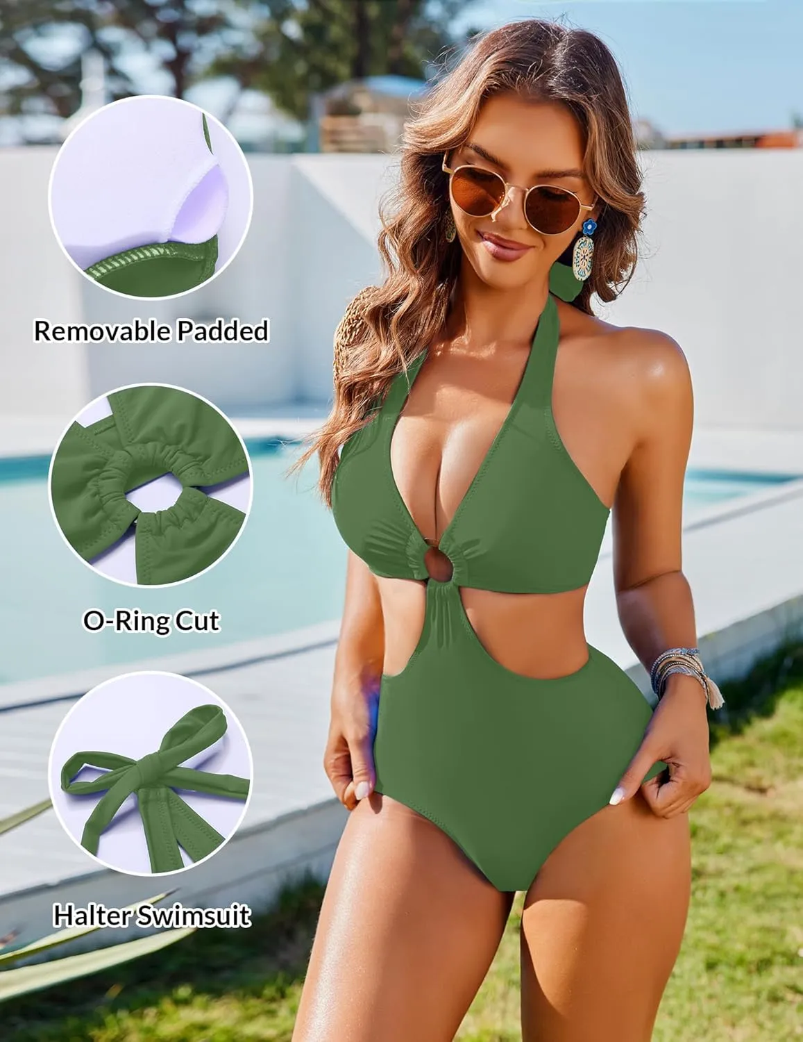AI'MAGE Women's One Piece Swimsuits Tummy Control O Ring Cutout High Waisted Bathing Suit Tie Back Swimwear