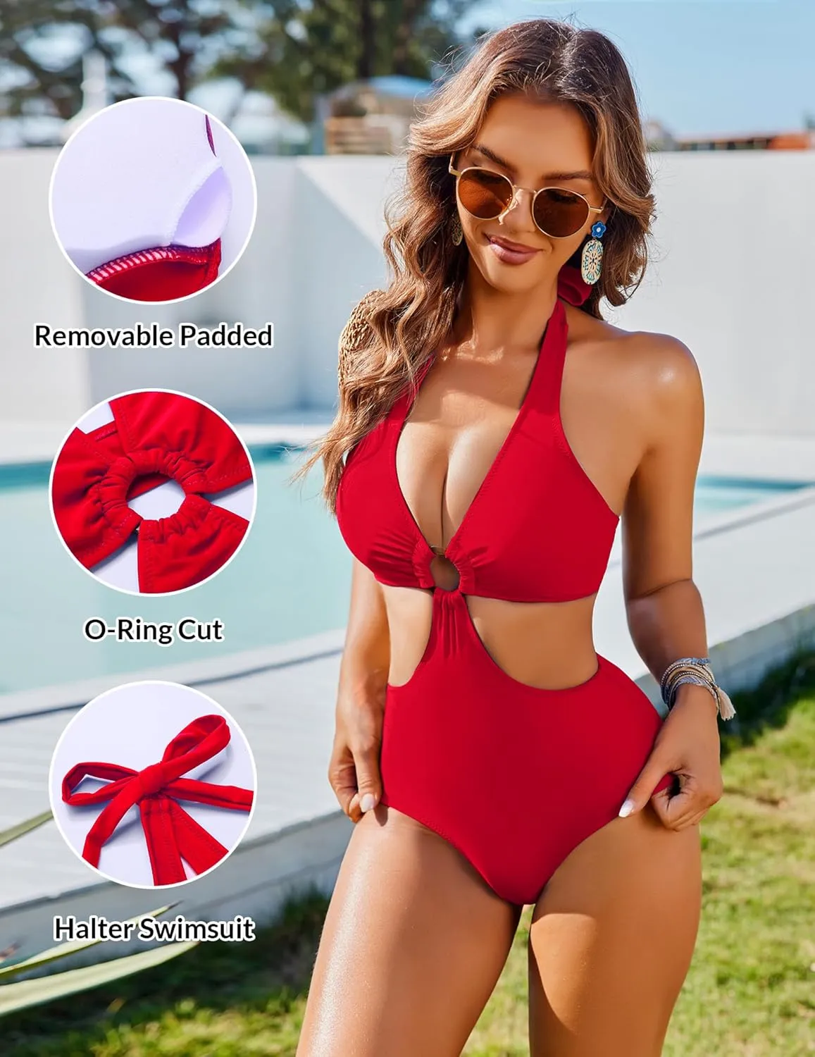 AI'MAGE Women's One Piece Swimsuits Tummy Control O Ring Cutout High Waisted Bathing Suit Tie Back Swimwear