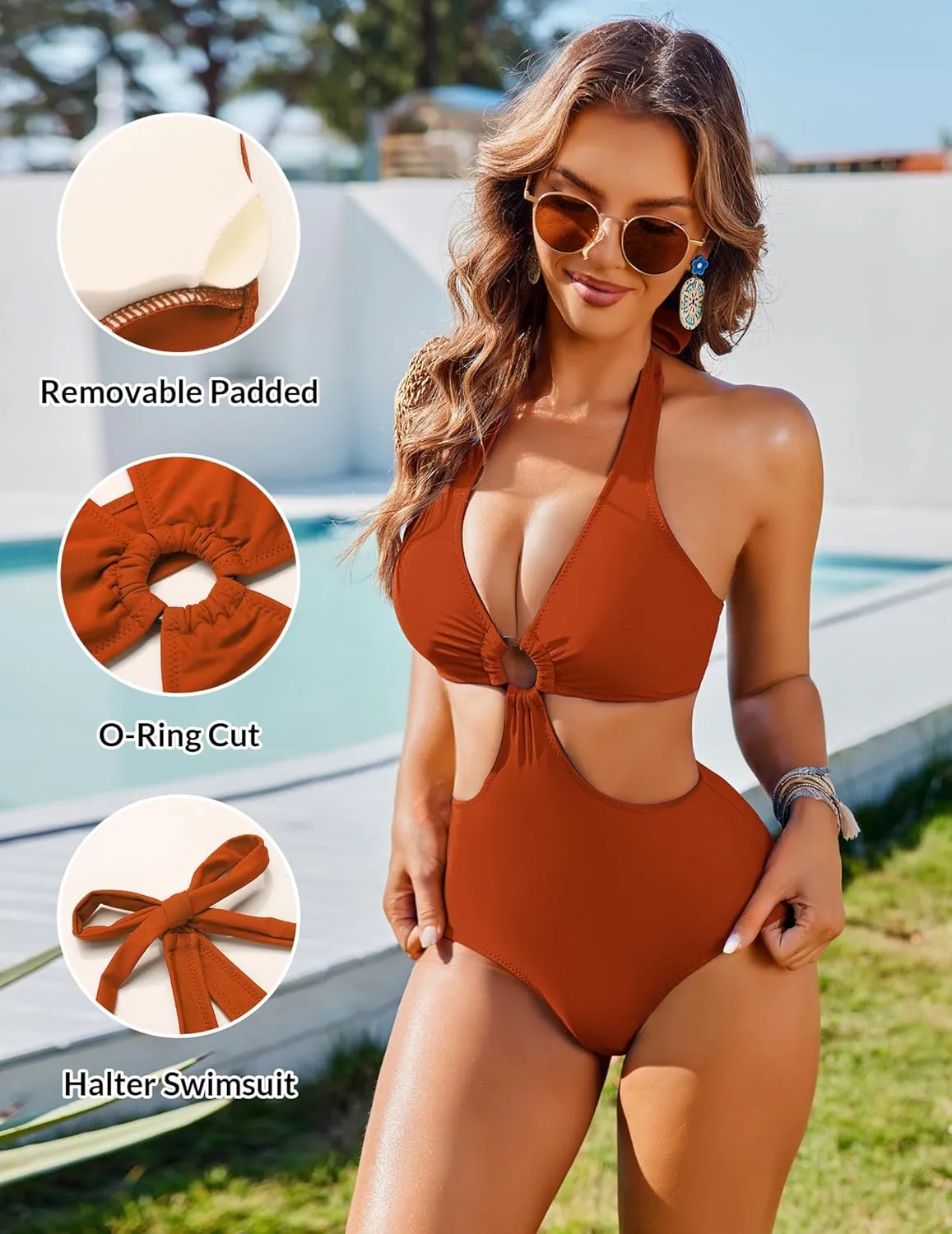 AI'MAGE Women's One Piece Swimsuits Tummy Control O Ring Cutout High Waisted Bathing Suit Tie Back Swimwear