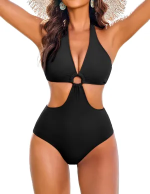 AI'MAGE Women's One Piece Swimsuits Tummy Control O Ring Cutout High Waisted Bathing Suit Tie Back Swimwear