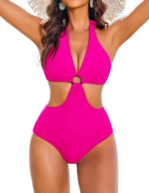 AI'MAGE Women's One Piece Swimsuits Tummy Control O Ring Cutout High Waisted Bathing Suit Tie Back Swimwear