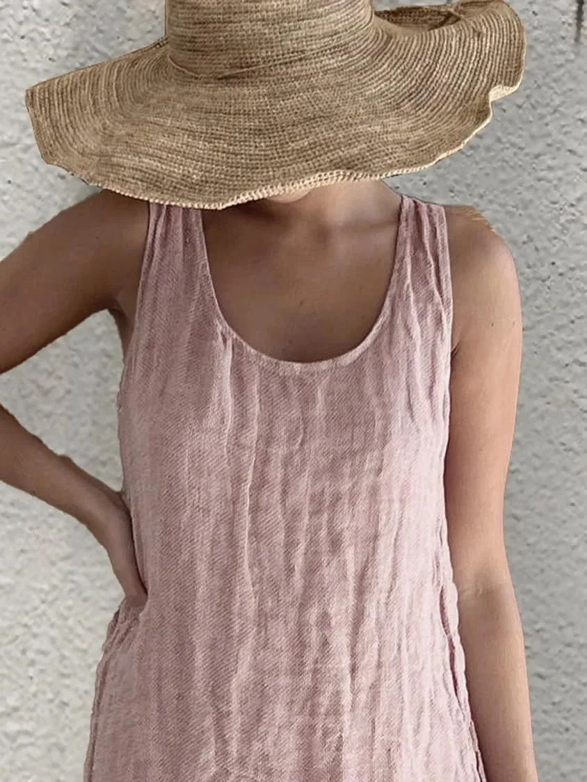 Akivide Womens Cotton Linen Loose Long Tank Dress Casual Sleeveless U Neck Solid Plus Size Shift Maxi Dress with Pocket