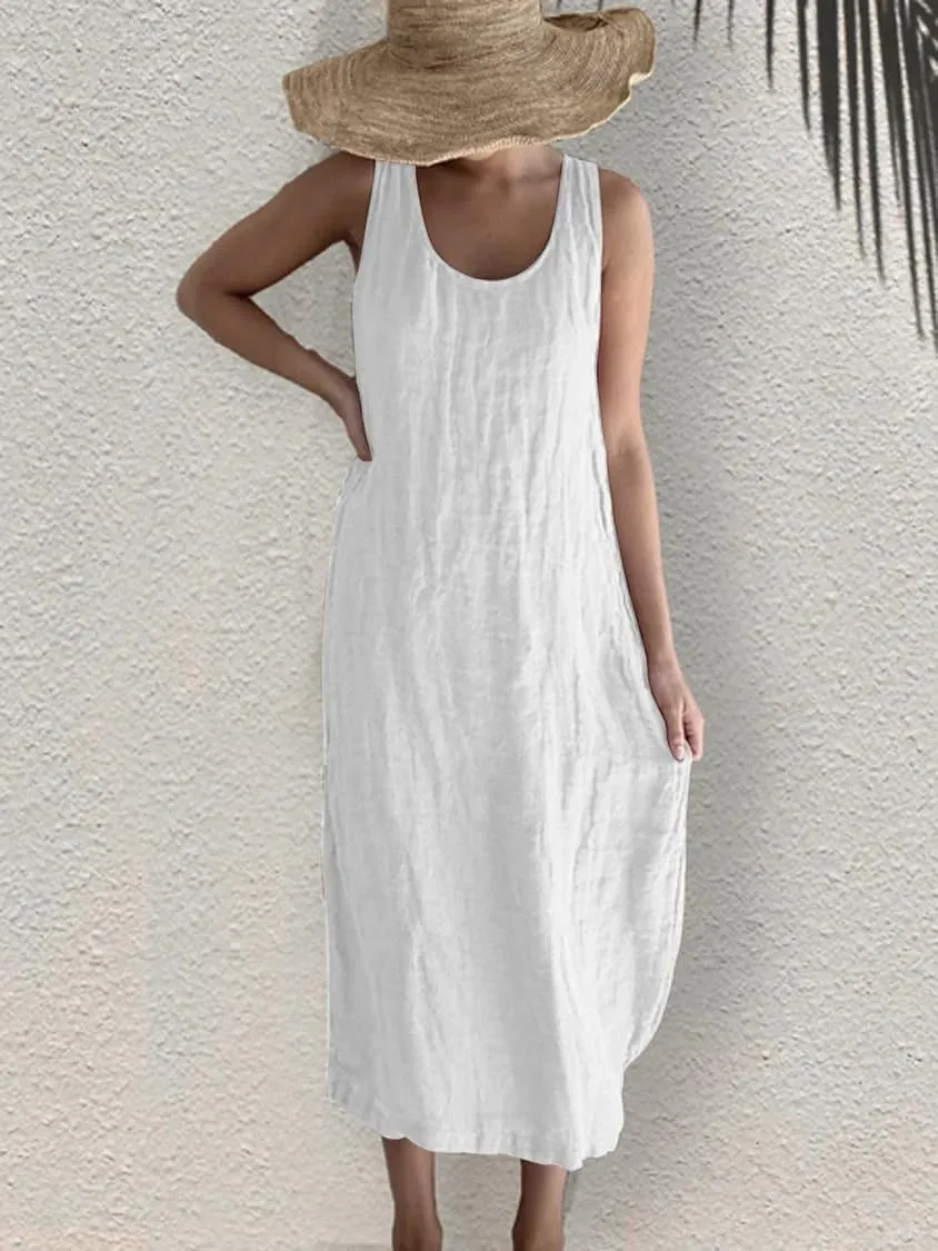 Akivide Womens Cotton Linen Loose Long Tank Dress Casual Sleeveless U Neck Solid Plus Size Shift Maxi Dress with Pocket