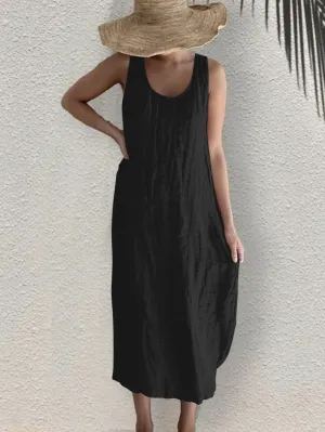 Akivide Womens Cotton Linen Loose Long Tank Dress Casual Sleeveless U Neck Solid Plus Size Shift Maxi Dress with Pocket