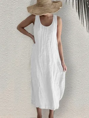 Akivide Womens Cotton Linen Loose Long Tank Dress Casual Sleeveless U Neck Solid Plus Size Shift Maxi Dress with Pocket