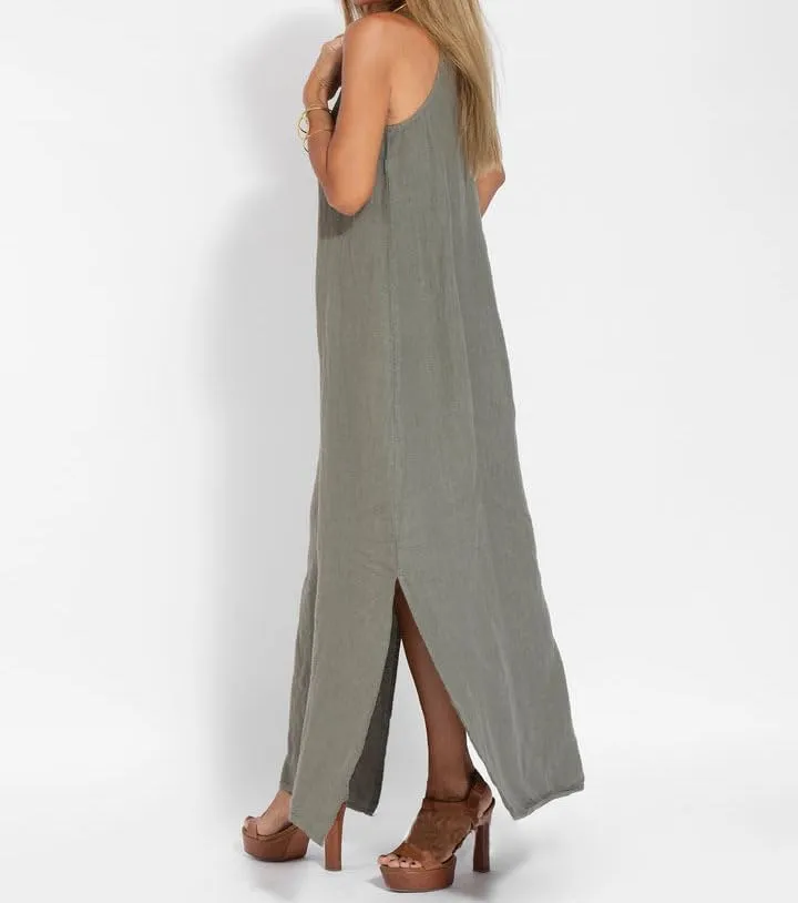 Akivide Womens Cotton Linen Sleeveless Maxi Dress Spaghetti Strap Slit Summer Casual Loose Flowy Beach Long Shift Sun Dress