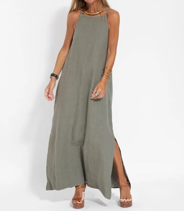Akivide Womens Cotton Linen Sleeveless Maxi Dress Spaghetti Strap Slit Summer Casual Loose Flowy Beach Long Shift Sun Dress