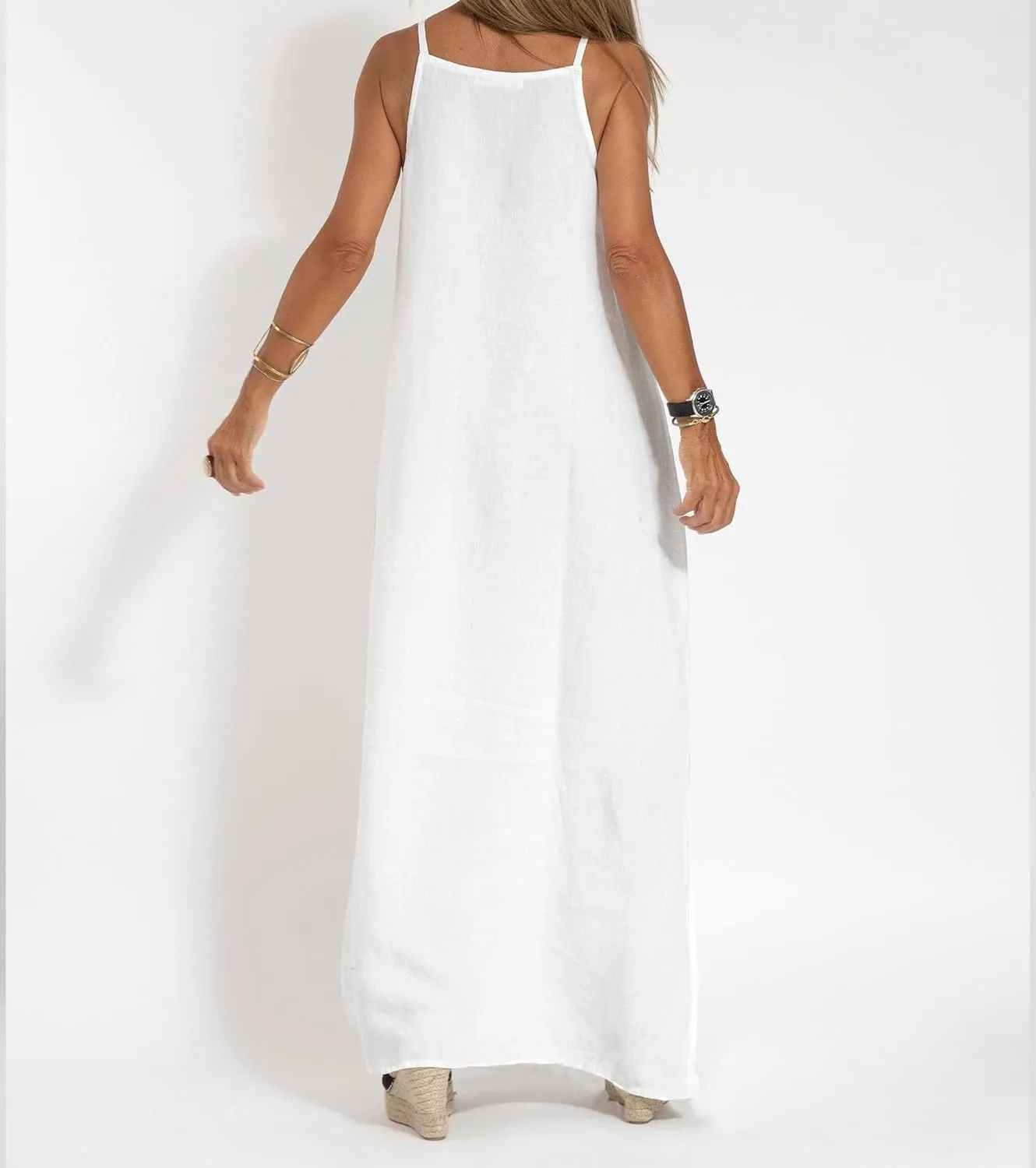 Akivide Womens Cotton Linen Sleeveless Maxi Dress Spaghetti Strap Slit Summer Casual Loose Flowy Beach Long Shift Sun Dress