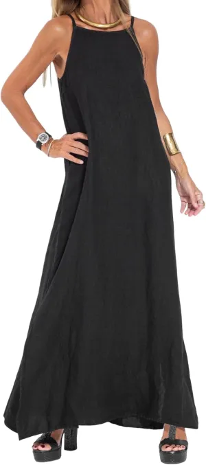 Akivide Womens Cotton Linen Sleeveless Maxi Dress Spaghetti Strap Slit Summer Casual Loose Flowy Beach Long Shift Sun Dress