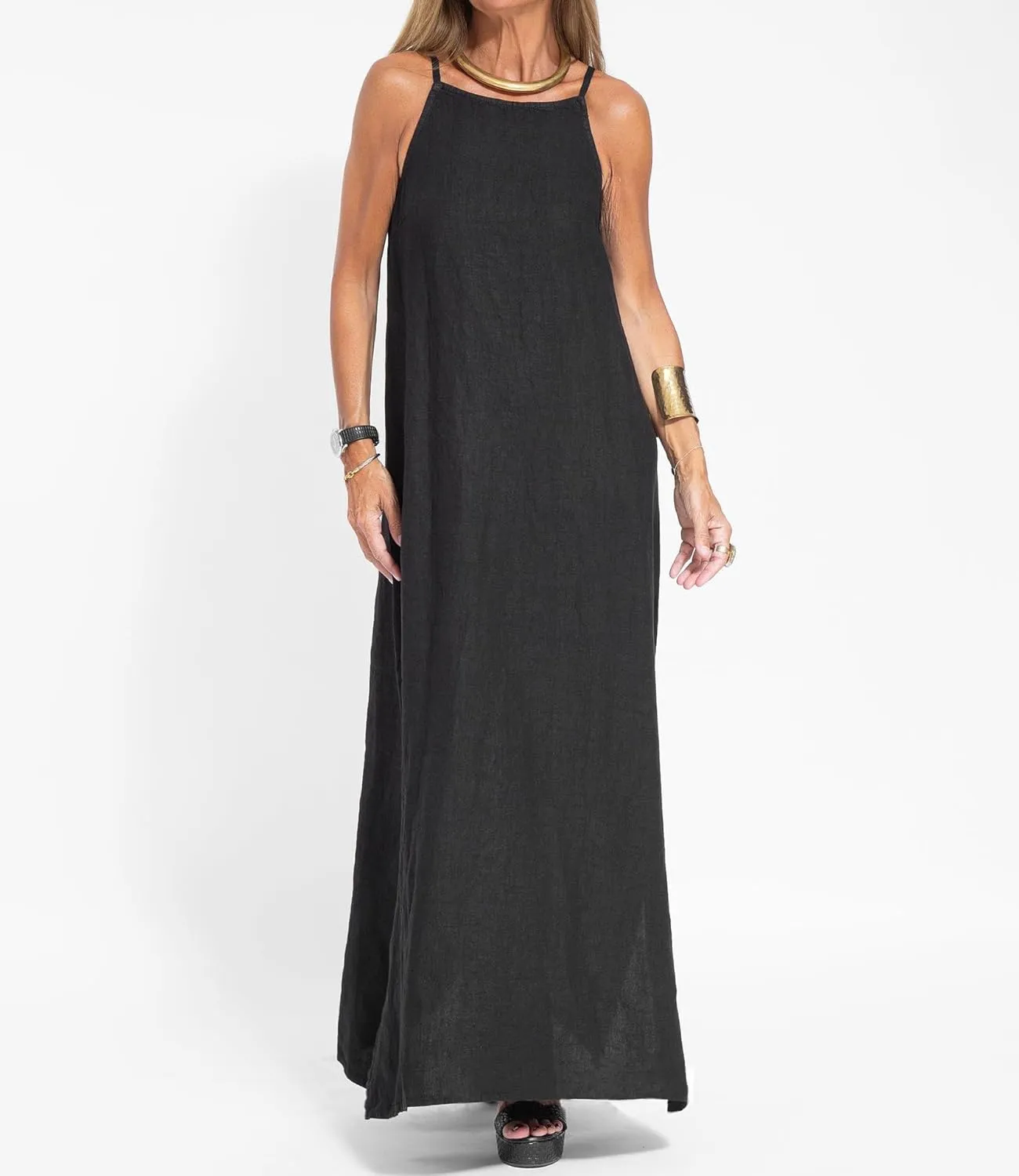 Akivide Womens Cotton Linen Sleeveless Maxi Dress Spaghetti Strap Slit Summer Casual Loose Flowy Beach Long Shift Sun Dress