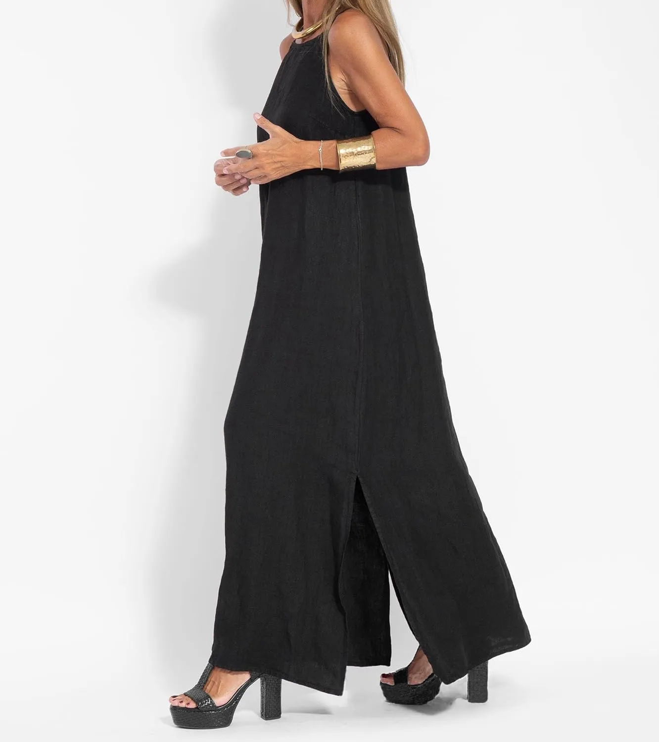 Akivide Womens Cotton Linen Sleeveless Maxi Dress Spaghetti Strap Slit Summer Casual Loose Flowy Beach Long Shift Sun Dress