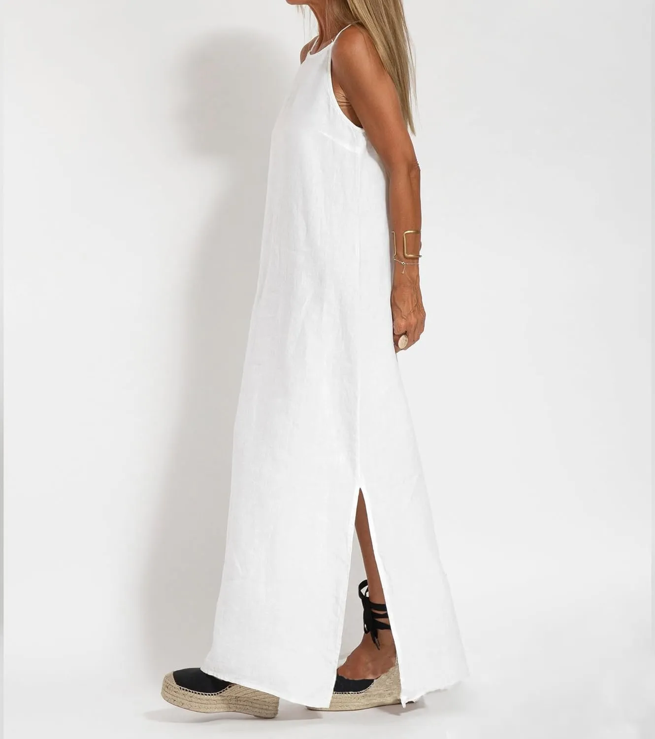 Akivide Womens Cotton Linen Sleeveless Maxi Dress Spaghetti Strap Slit Summer Casual Loose Flowy Beach Long Shift Sun Dress