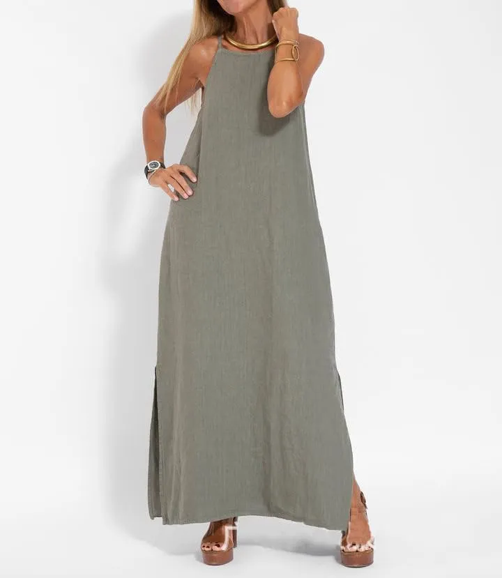 Akivide Womens Cotton Linen Sleeveless Maxi Dress Spaghetti Strap Slit Summer Casual Loose Flowy Beach Long Shift Sun Dress