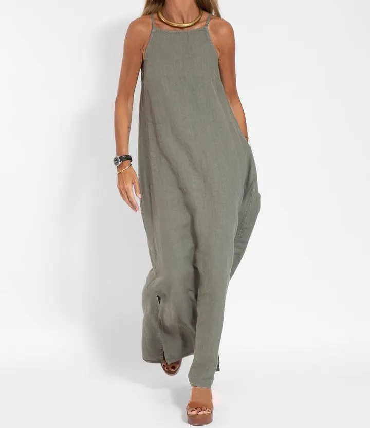 Akivide Womens Cotton Linen Sleeveless Maxi Dress Spaghetti Strap Slit Summer Casual Loose Flowy Beach Long Shift Sun Dress