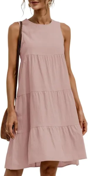 Akivide Women's Summer Cotton Linen Sleeveless Tank Dress Crew Neck Casual Loose Tunic A Line Beach Dresses