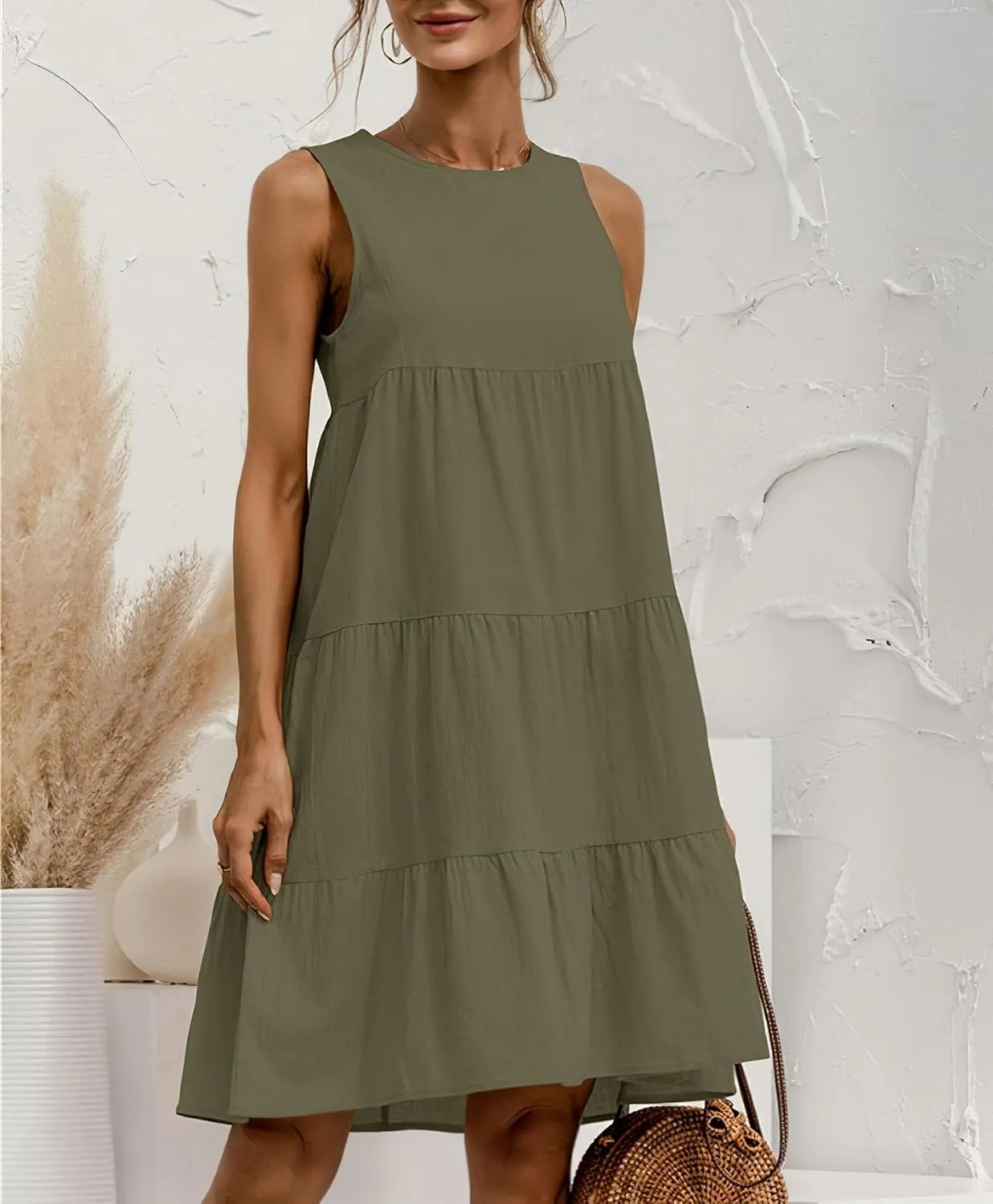 Akivide Women's Summer Cotton Linen Sleeveless Tank Dress Crew Neck Casual Loose Tunic A Line Beach Dresses