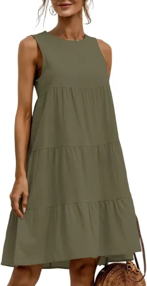 Akivide Women's Summer Cotton Linen Sleeveless Tank Dress Crew Neck Casual Loose Tunic A Line Beach Dresses