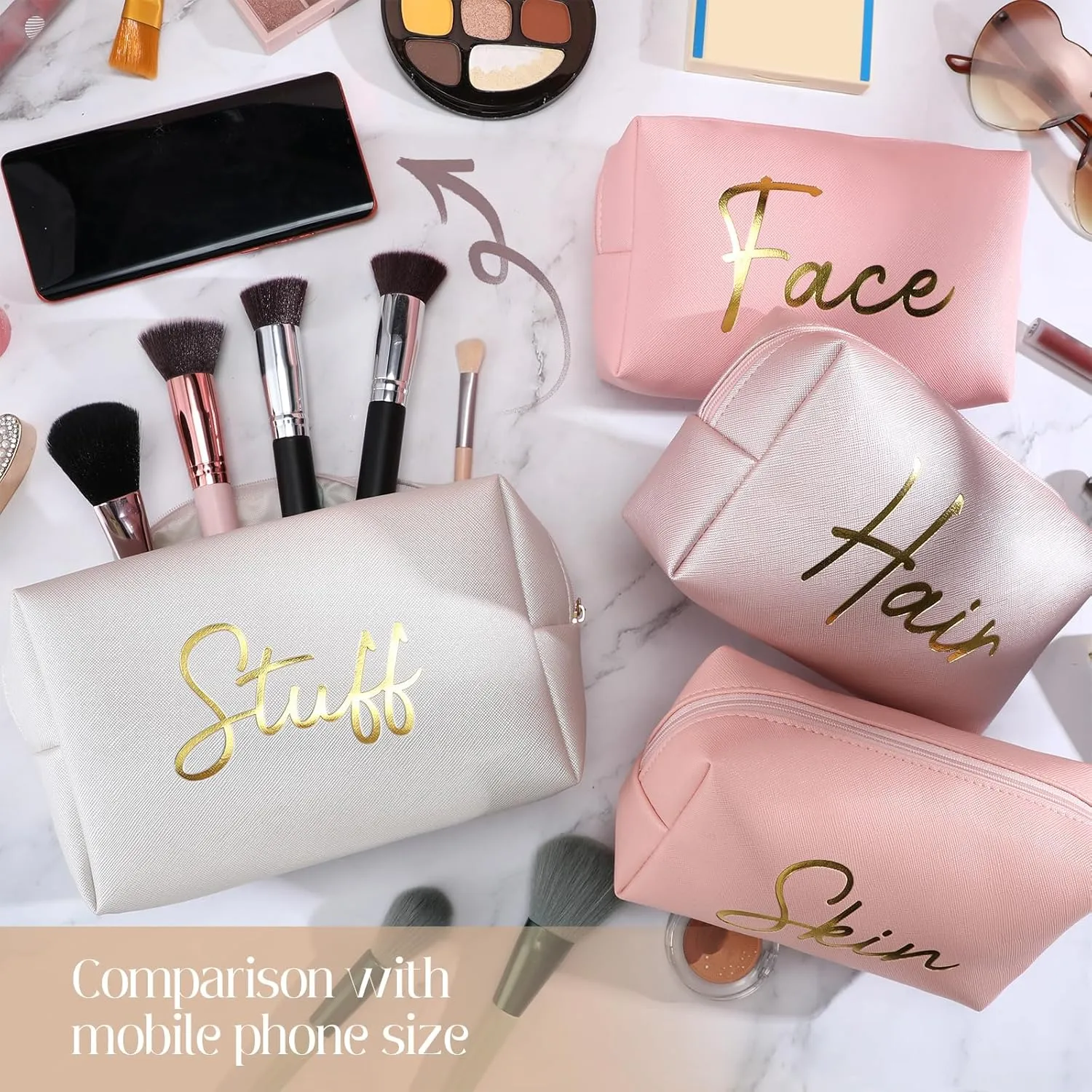 Aliceset 4 Pcs Preppy Makeup Bags Set Cute Travel Cosmetic Pouch Face Skin Hair Stuff Aesthetic Makeup Bags, PU Leather Waterproof Zipper Toiletry Pouch Gifts for Women Girl(Nude Pink)