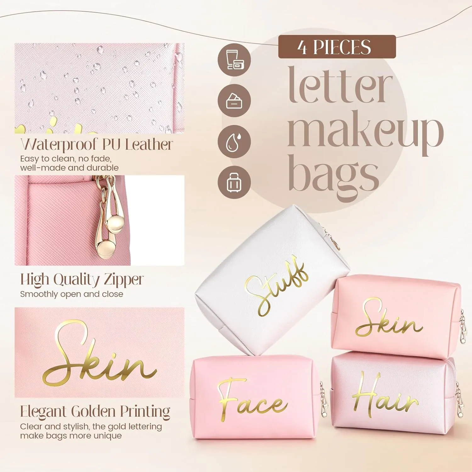 Aliceset 4 Pcs Preppy Makeup Bags Set Cute Travel Cosmetic Pouch Face Skin Hair Stuff Aesthetic Makeup Bags, PU Leather Waterproof Zipper Toiletry Pouch Gifts for Women Girl(Nude Pink)
