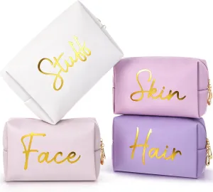 Aliceset 4 Pcs Preppy Makeup Bags Set Cute Travel Cosmetic Pouch Face Skin Hair Stuff Aesthetic Makeup Bags, PU Leather Waterproof Zipper Toiletry Pouch Gifts for Women Girl(Pink Purple)
