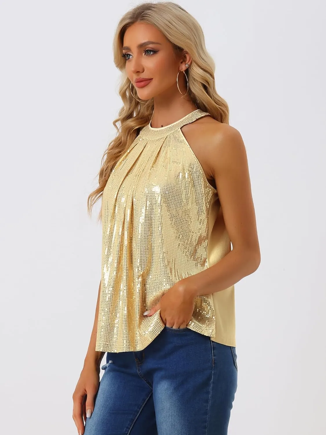 Allegra K Party Club Cocktail Sleeveless Tops for Women's Sparkle Vest Tank Camisole Sequin Halter Tops
