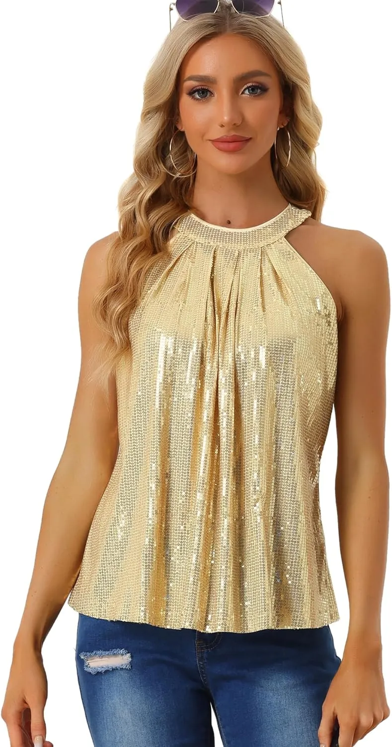 Allegra K Party Club Cocktail Sleeveless Tops for Women's Sparkle Vest Tank Camisole Sequin Halter Tops