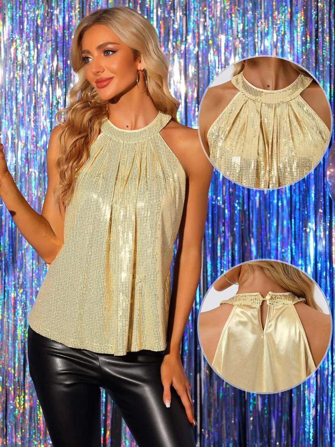 Allegra K Party Club Cocktail Sleeveless Tops for Women's Sparkle Vest Tank Camisole Sequin Halter Tops