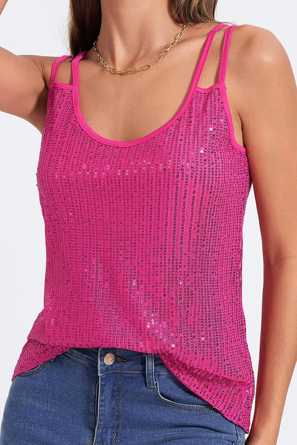 Allimy Womens Strappy Sequin V Neck Tank Tops Sparkle Shimmer Party Club Tank Tops Sleeveless Shirts