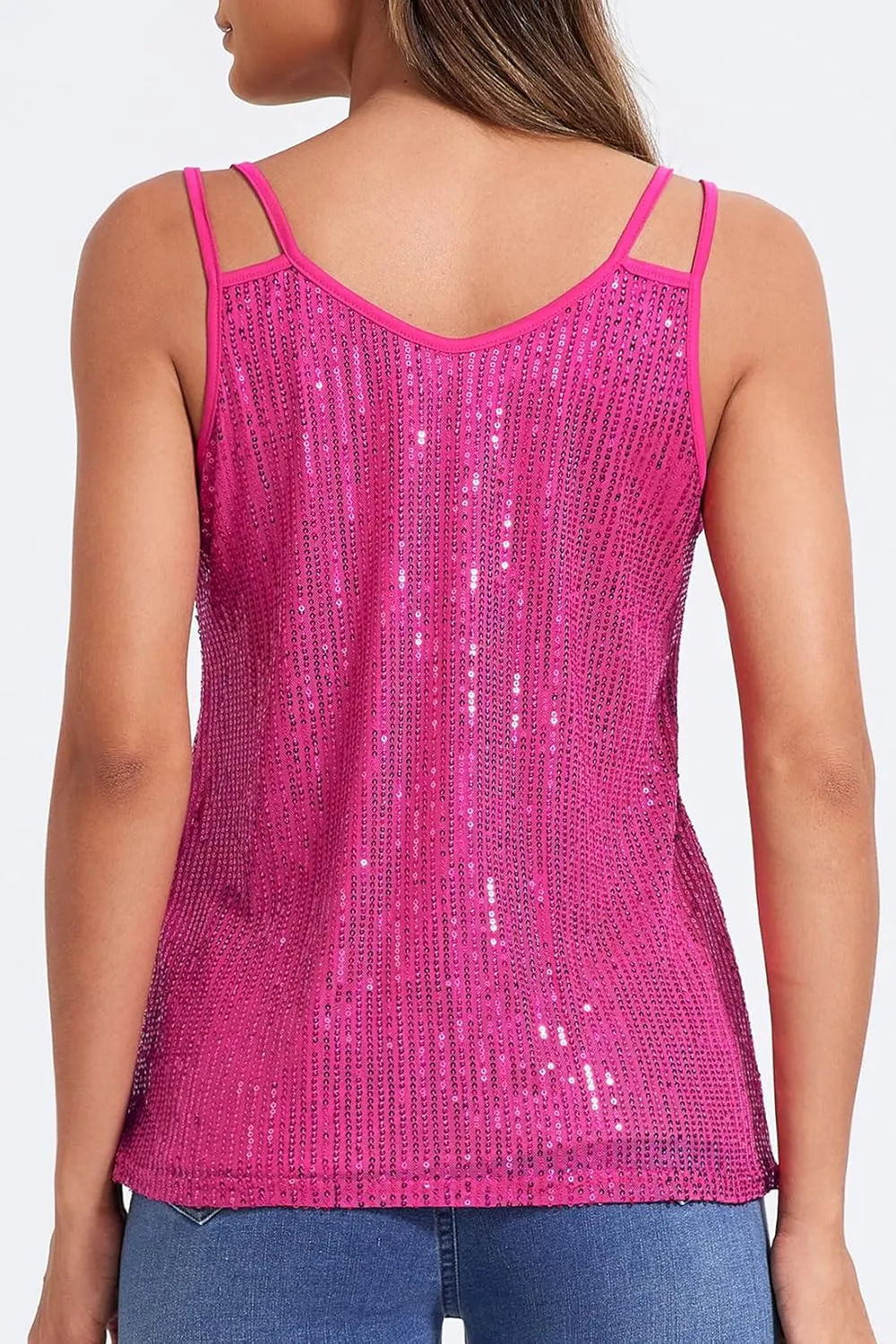 Allimy Womens Strappy Sequin V Neck Tank Tops Sparkle Shimmer Party Club Tank Tops Sleeveless Shirts